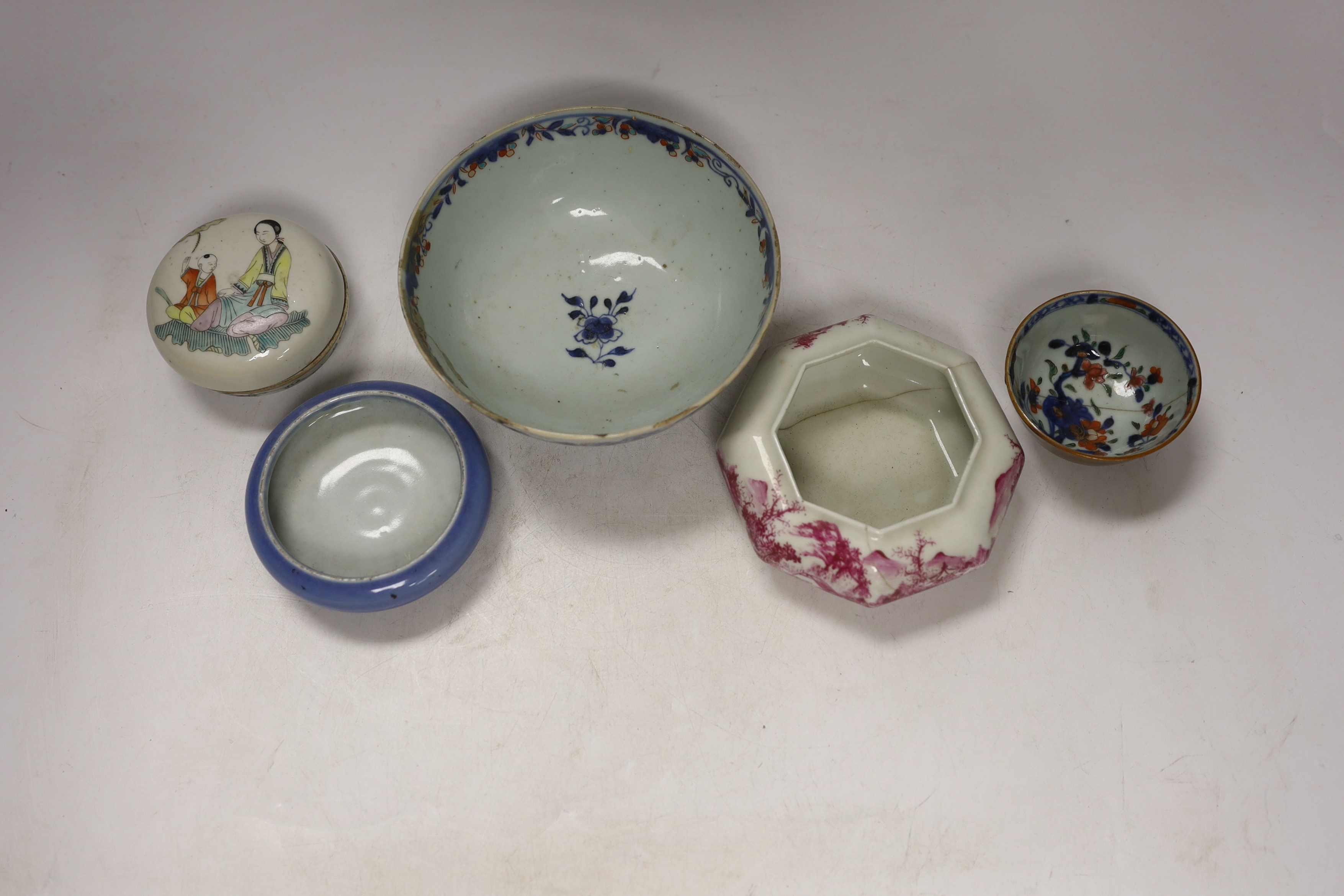 A Chinese Clare de lune glazed brushwasher, a famille rose box and cover, an octagonal puce enamelled brushwasher, an 18th century bowl and teabowl, largest 15cm in diameter (5)